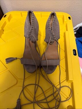 Qupid Taupe Lace-Up Suede Heels with Tassel Wraps